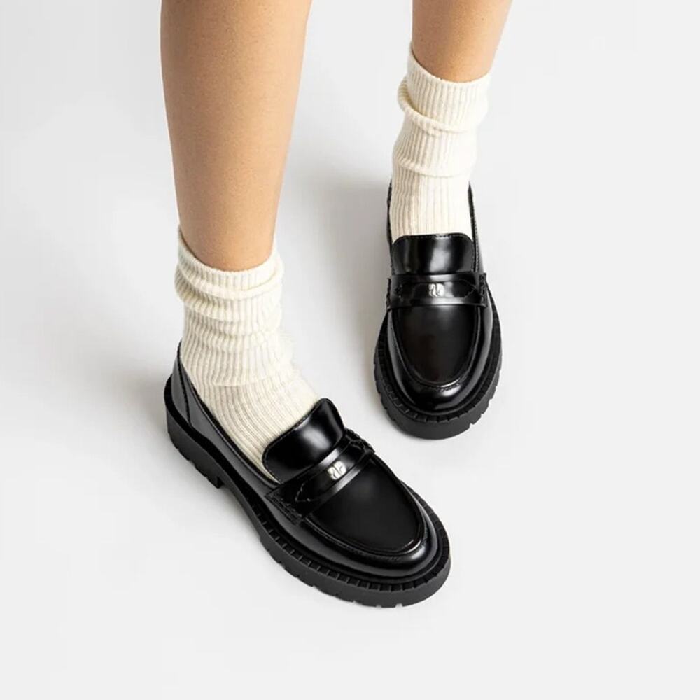 Larroude Suki Black Box Leather Lug Sole Loafers NEW Size 10